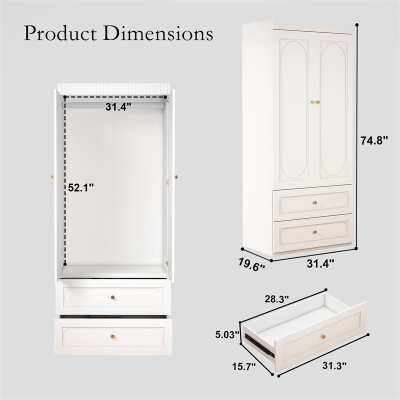 Modern Wardrobe Armoire with 2 Drawers & Hanging Rod White