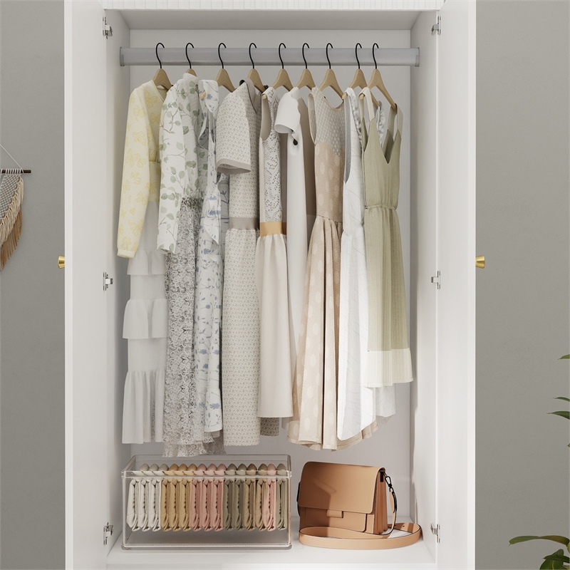 Modern Wardrobe Armoire with 2 Drawers & Hanging Rod White