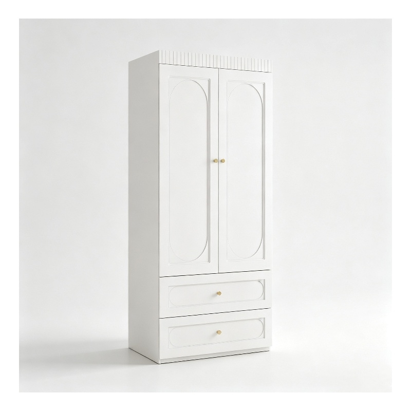 Modern Wardrobe Armoire with 2 Drawers & Hanging Rod White