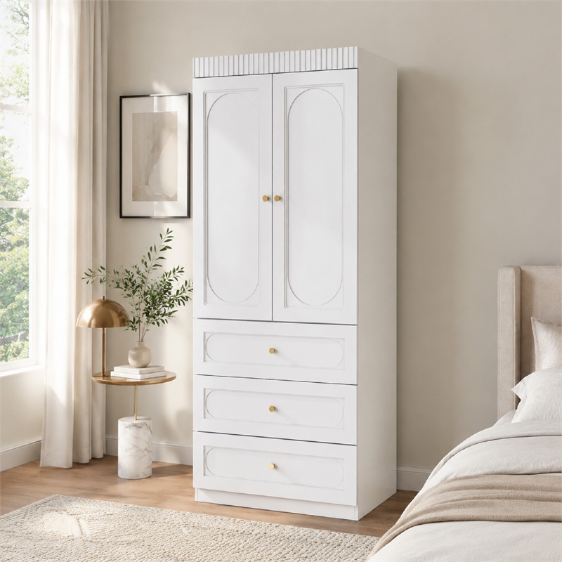 Modern Armoire Closet with Hanging Rod & 3 Drawers White