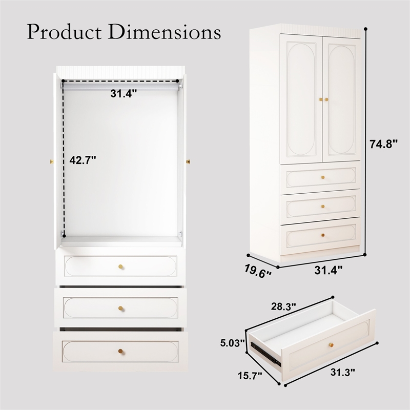 Modern Armoire Closet with Hanging Rod & 3 Drawers White