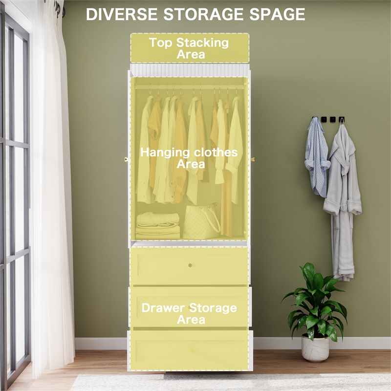 Modern Armoire Closet with Hanging Rod & 3 Drawers White