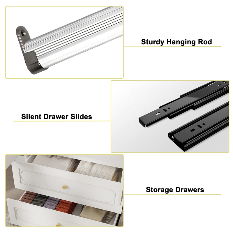 Modern Armoire Closet with Hanging Rod & 3 Drawers White