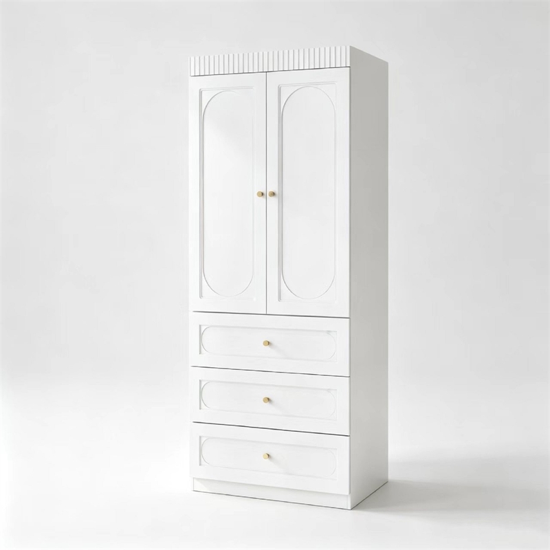 Modern Armoire Closet with Hanging Rod & 3 Drawers White