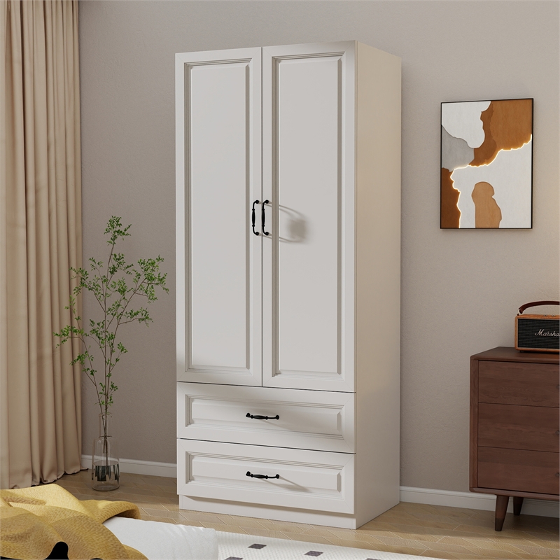 Armoire Wardrobe Closet with 2 Doors & 2 Drawers White