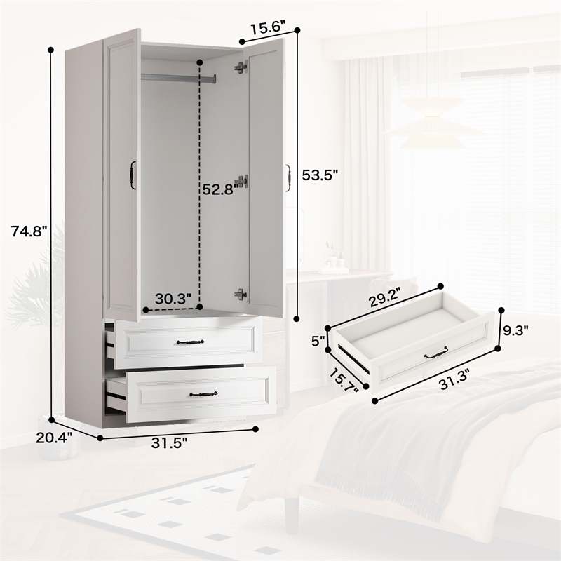 Armoire Wardrobe Closet with 2 Doors & 2 Drawers White