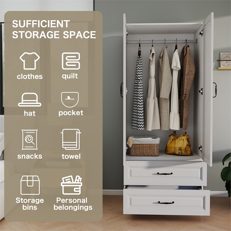 Armoire Wardrobe Closet with 2 Doors & 2 Drawers White