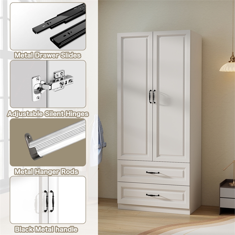 Armoire Wardrobe Closet with 2 Doors & 2 Drawers White