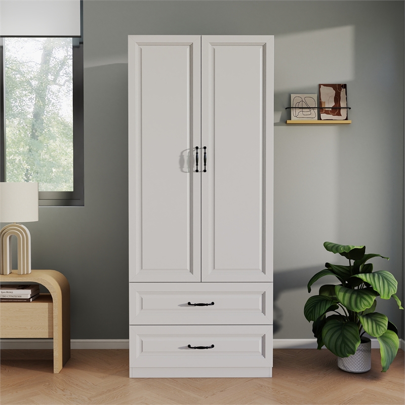 Armoire Wardrobe Closet with 2 Doors & 2 Drawers White