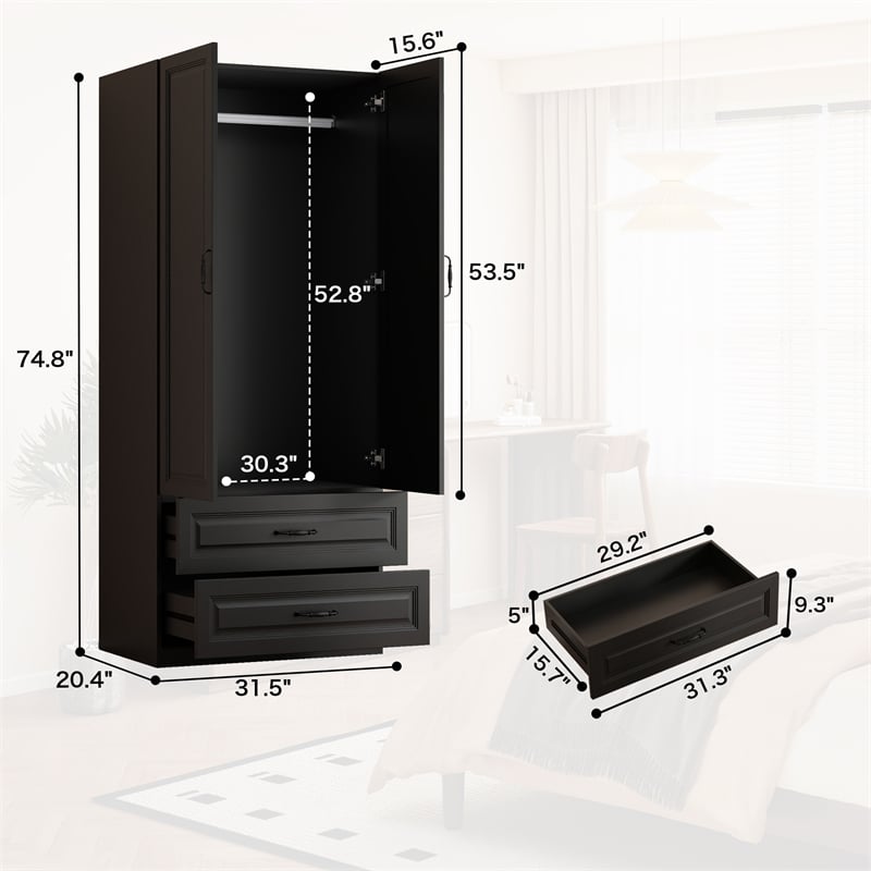 Armoire Wardrobe Closet with 2 Doors & 2 Drawers Black