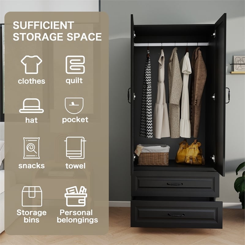 Armoire Wardrobe Closet with 2 Doors & 2 Drawers Black