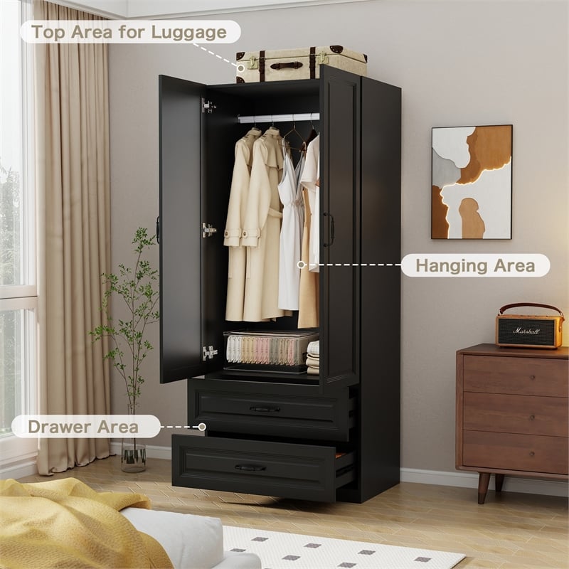 Armoire Wardrobe Closet with 2 Doors & 2 Drawers Black