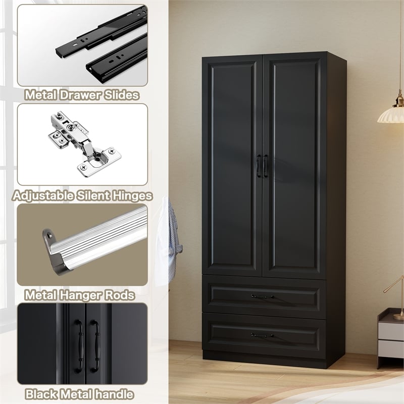 Armoire Wardrobe Closet with 2 Doors & 2 Drawers Black