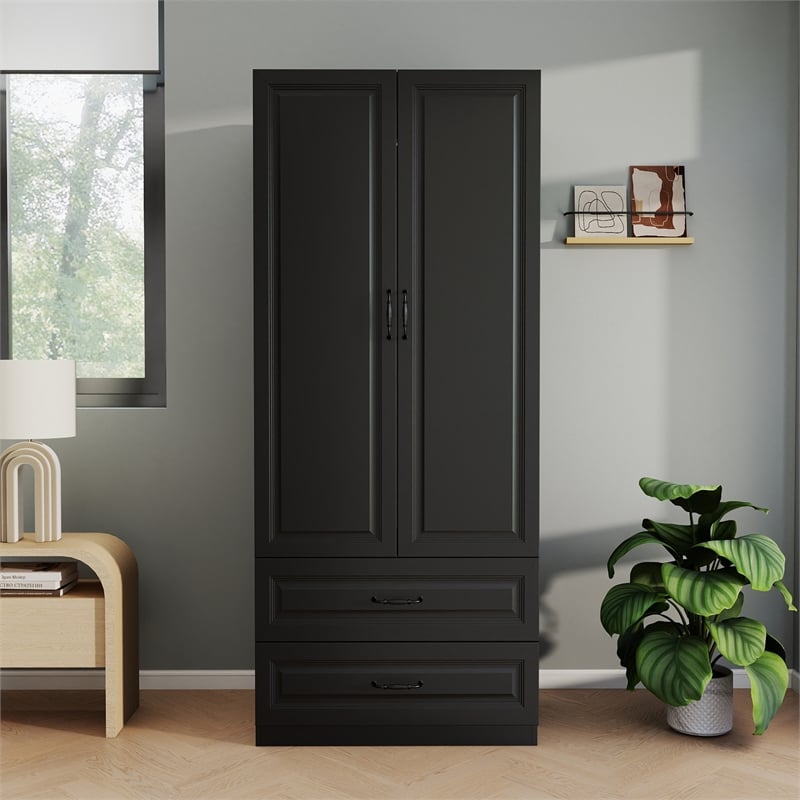 Armoire Wardrobe Closet with 2 Doors & 2 Drawers Black