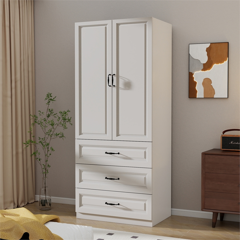 Wardrobe Armoire with 3 Drawers & Hanging Rod White