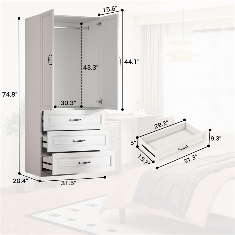 Wardrobe Armoire with 3 Drawers & Hanging Rod White