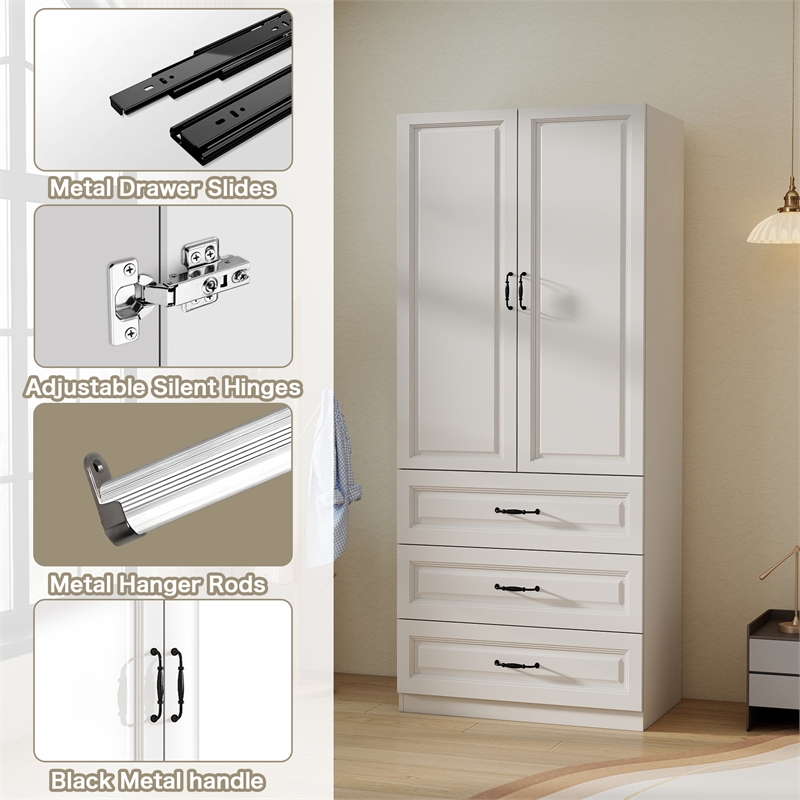 Wardrobe Armoire with 3 Drawers & Hanging Rod White