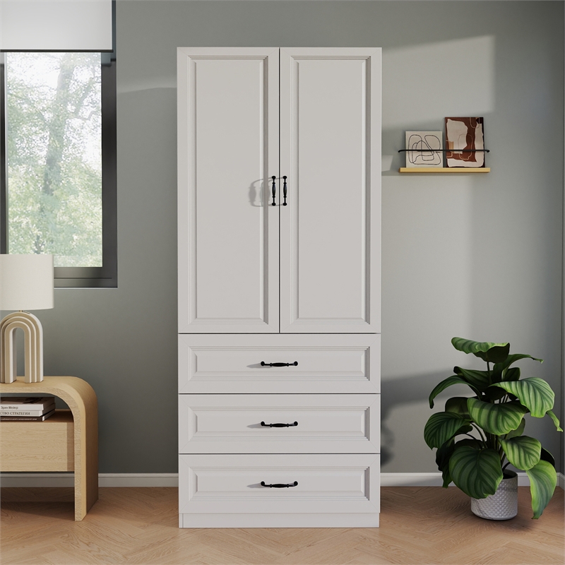 Wardrobe Armoire with 3 Drawers & Hanging Rod White