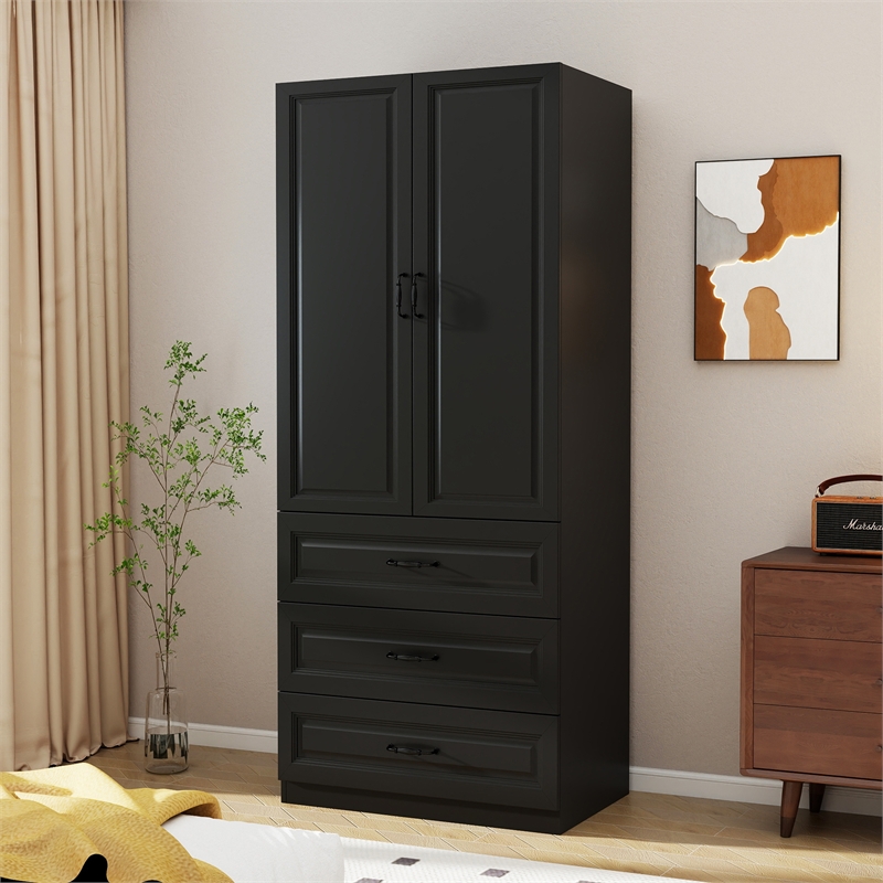 Wardrobe Armoire with 3 Drawers & Hanging Rod Black