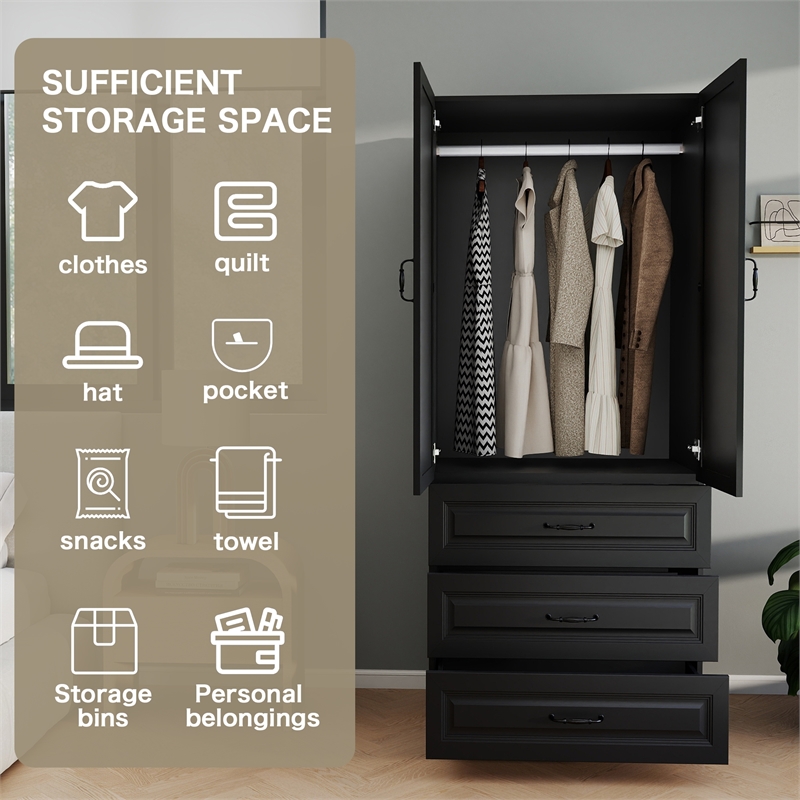 Wardrobe Armoire with 3 Drawers & Hanging Rod Black