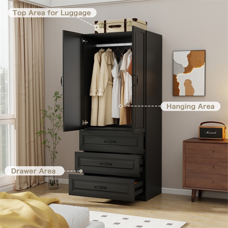Wardrobe Armoire with 3 Drawers & Hanging Rod Black