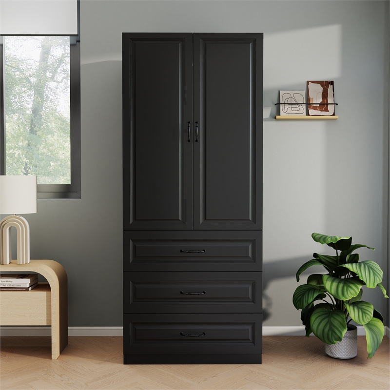 Wardrobe Armoire with 3 Drawers & Hanging Rod Black