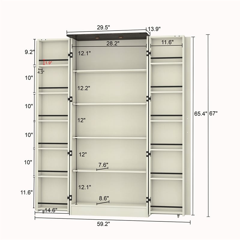 Farmhouse Pantry Cabinet with LED Light & Barn Doors Cream White