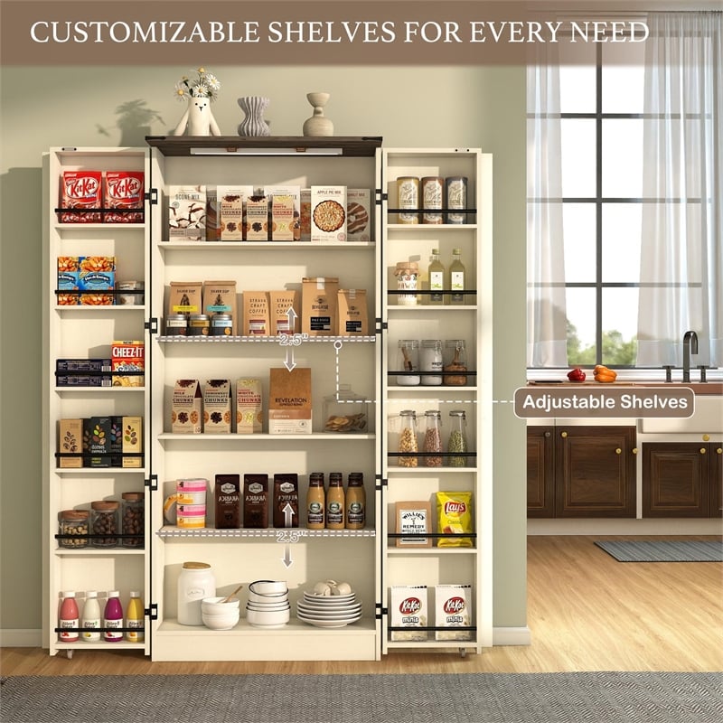Farmhouse Pantry Cabinet with LED Light & Barn Doors Cream White