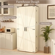 Farmhouse Pantry Cabinet with LED Light & Barn Doors Cream White