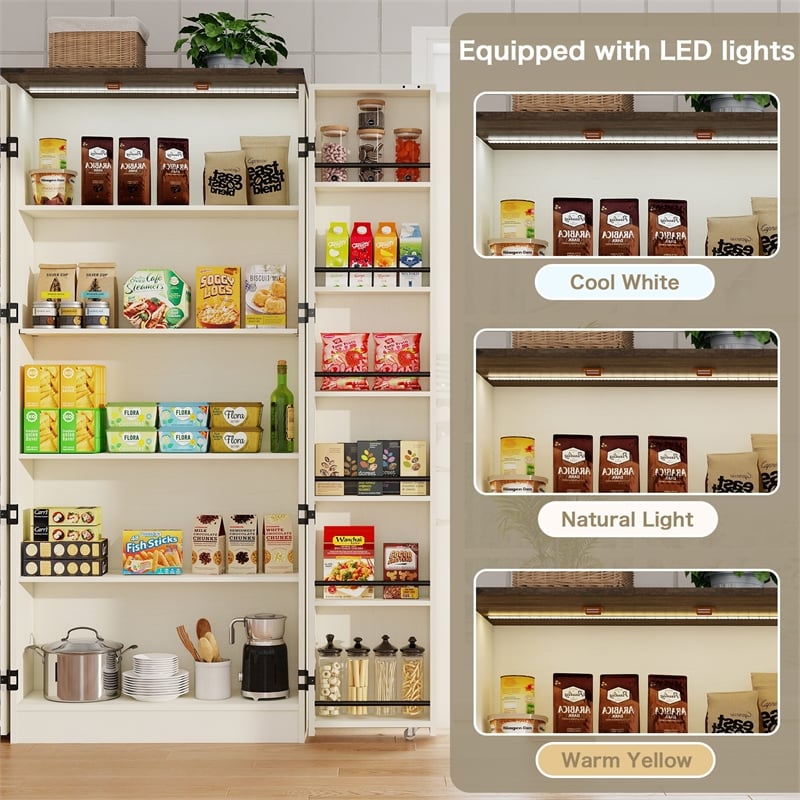 Farmhouse Pantry Cabinet with LED Light & Barn Doors Cream White