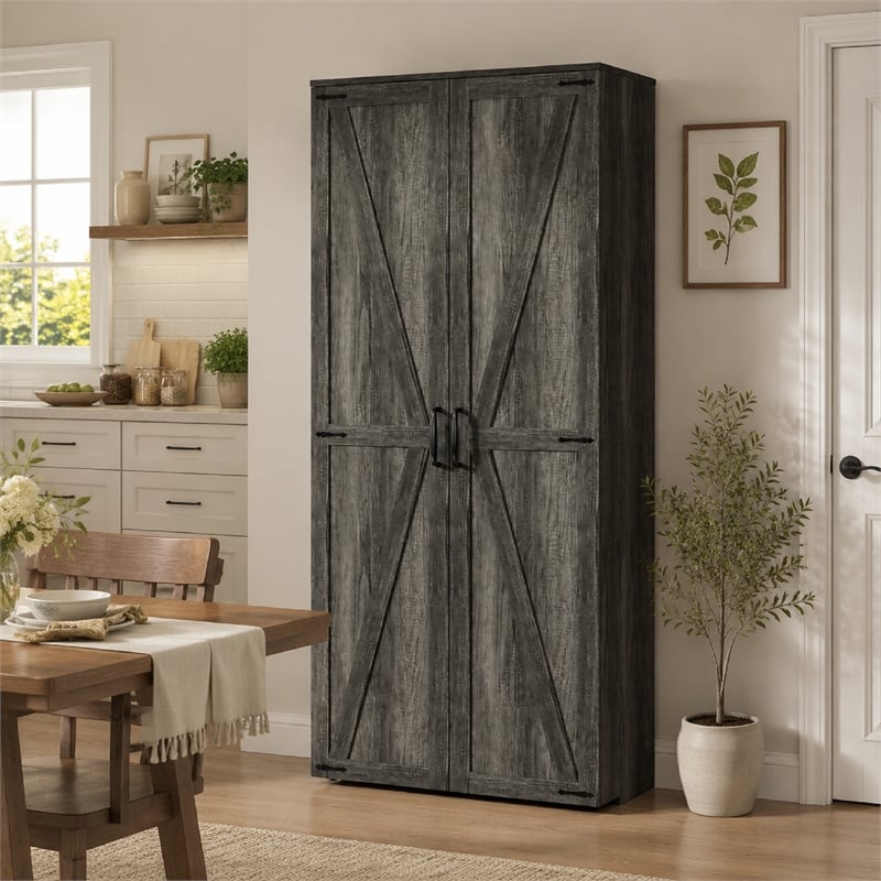 Farmhouse Pantry Cabinet with LED Light & Barn Doors Dark Gray Wood