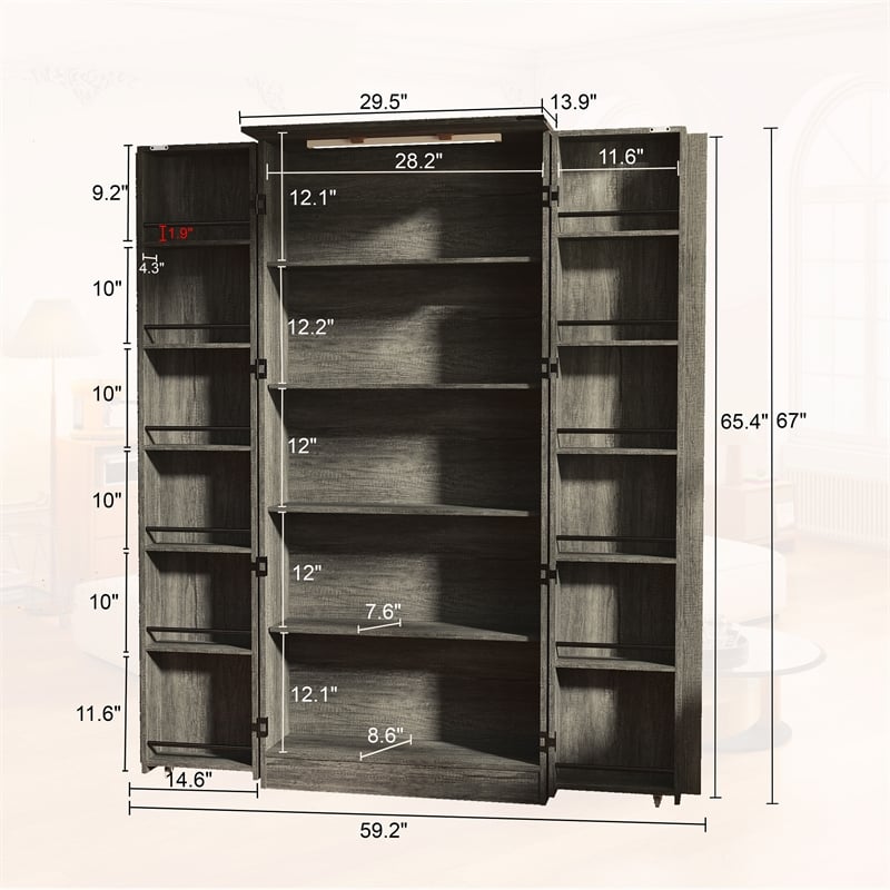 Farmhouse Pantry Cabinet with LED Light & Barn Doors Dark Gray Wood