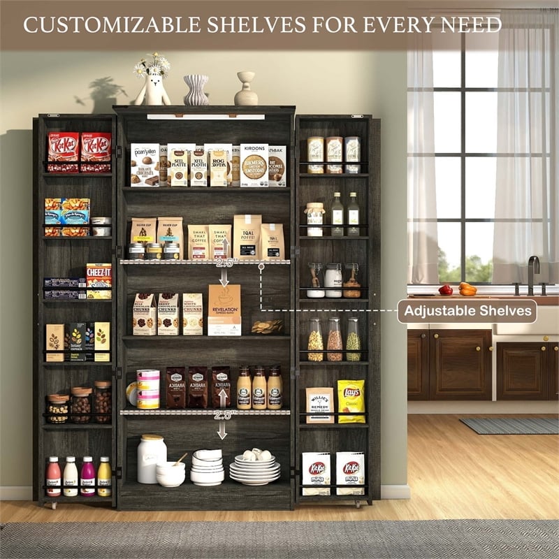 Farmhouse Pantry Cabinet with LED Light & Barn Doors Dark Gray Wood