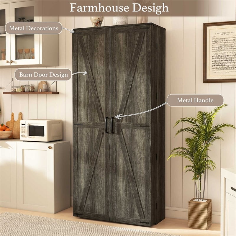 Farmhouse Pantry Cabinet with LED Light & Barn Doors Dark Gray Wood