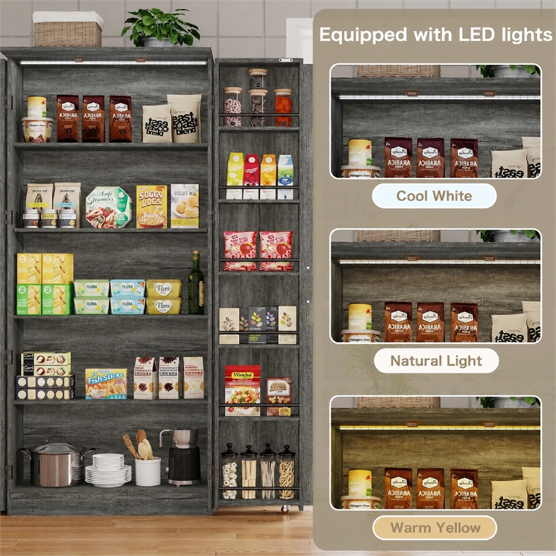 Farmhouse Pantry Cabinet with LED Light & Barn Doors Dark Gray Wood