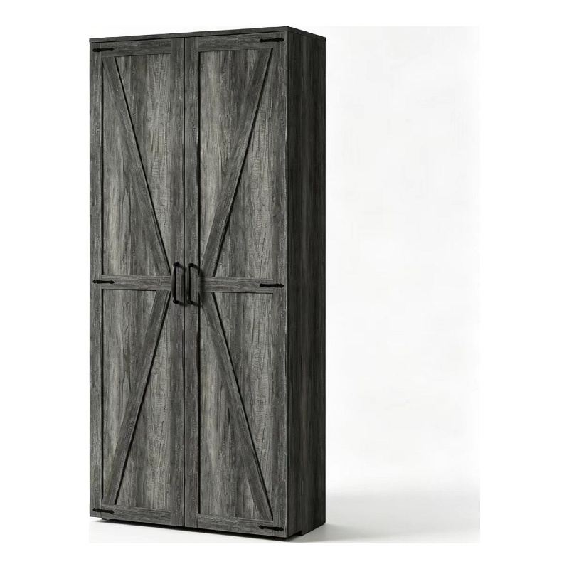 Farmhouse Pantry Cabinet with LED Light & Barn Doors Dark Gray Wood