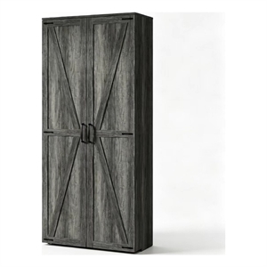 Farmhouse Pantry Cabinet with LED Light & Barn Doors Dark Gray Wood