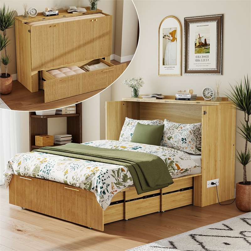 Full Size Murphy Cabinet Bed with Charging Station Light Wood Finish