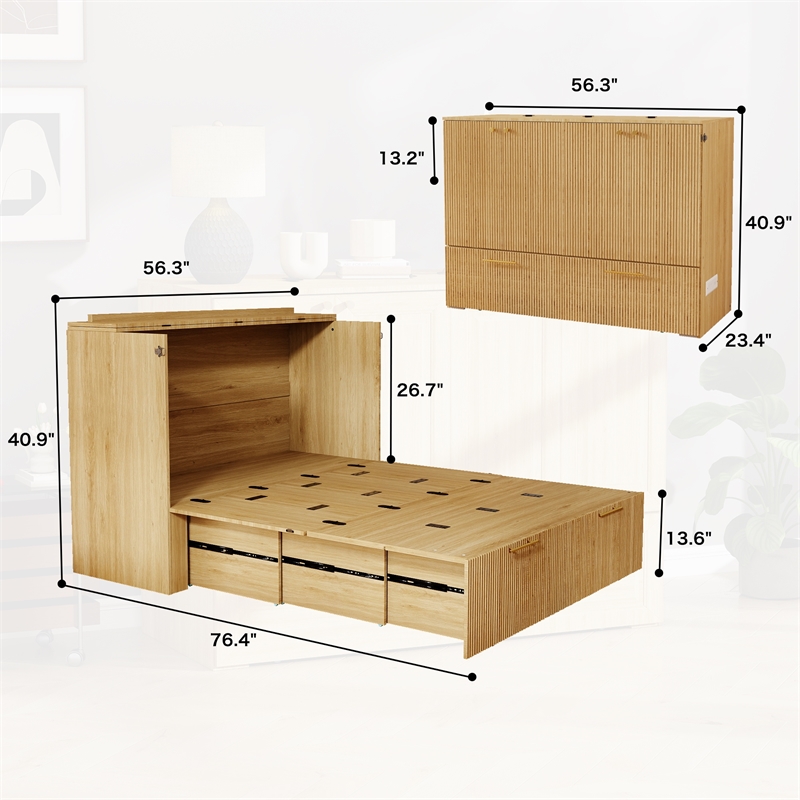 Full Size Murphy Cabinet Bed with Charging Station Light Wood Finish