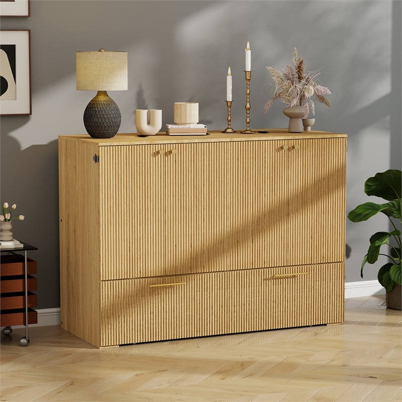 Full Size Murphy Cabinet Bed with Charging Station Light Wood Finish