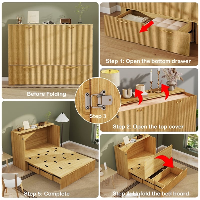Full Size Murphy Cabinet Bed with Charging Station Light Wood Finish