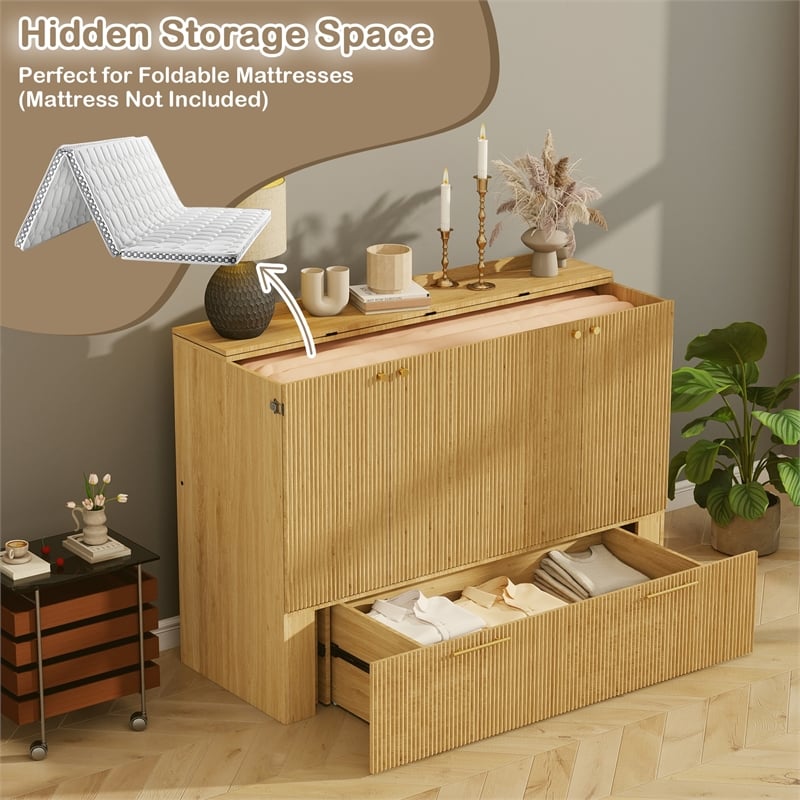 Full Size Murphy Cabinet Bed with Charging Station Light Wood Finish