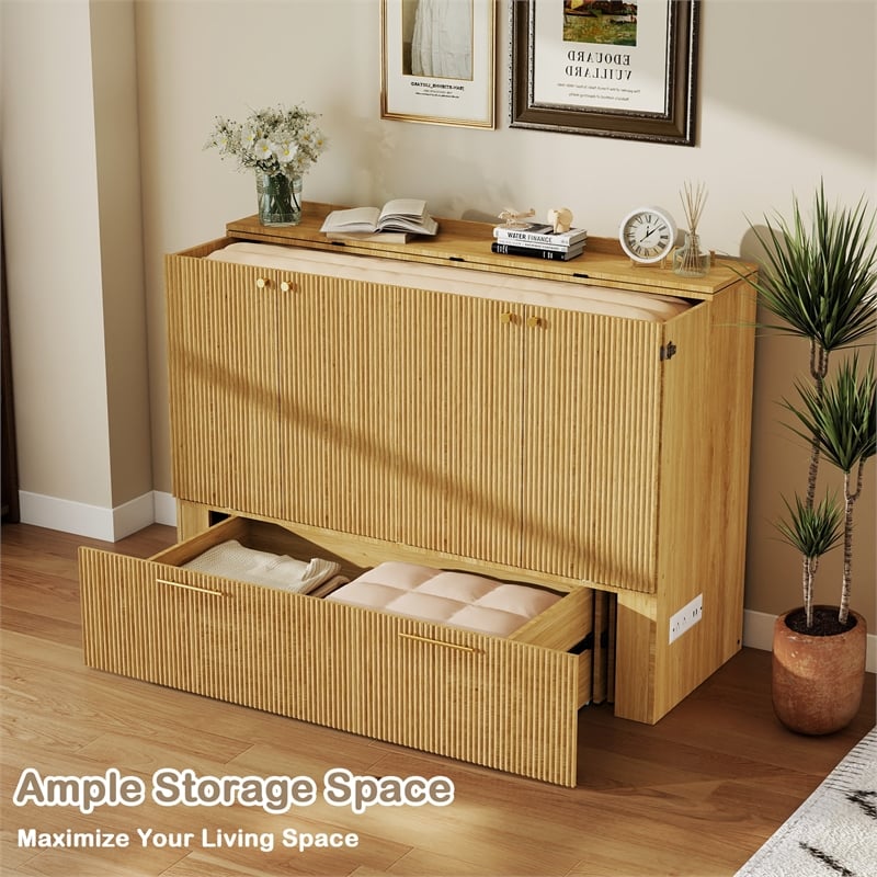 Full Size Murphy Cabinet Bed with Charging Station Light Wood Finish