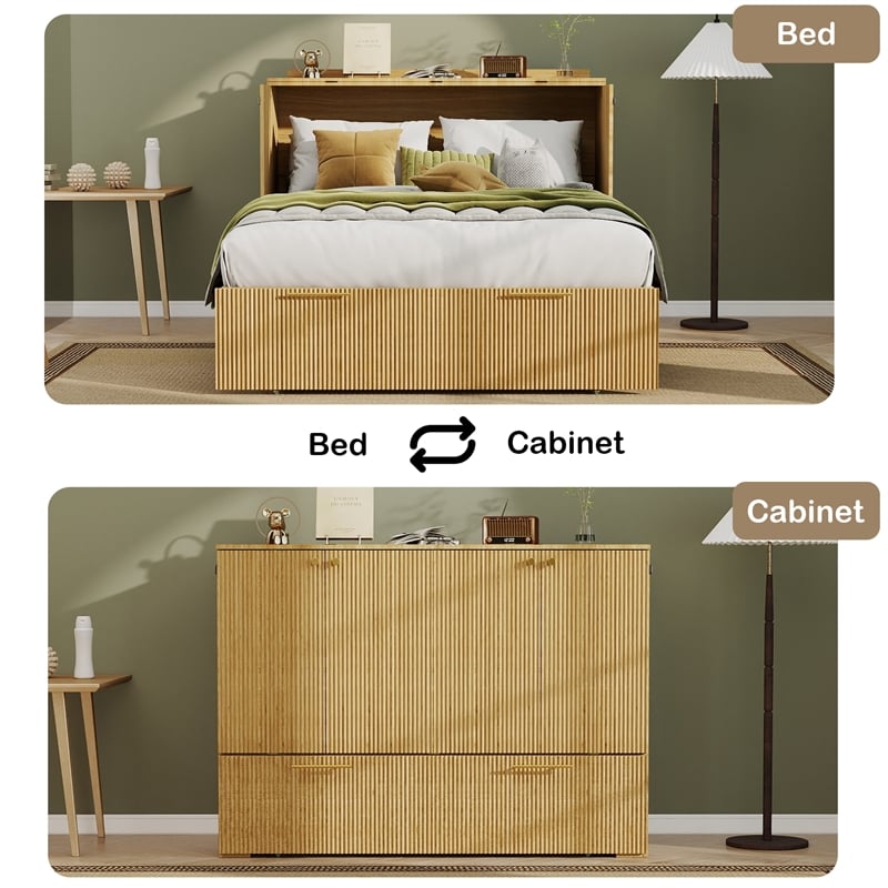 Full Size Murphy Cabinet Bed with Charging Station Light Wood Finish