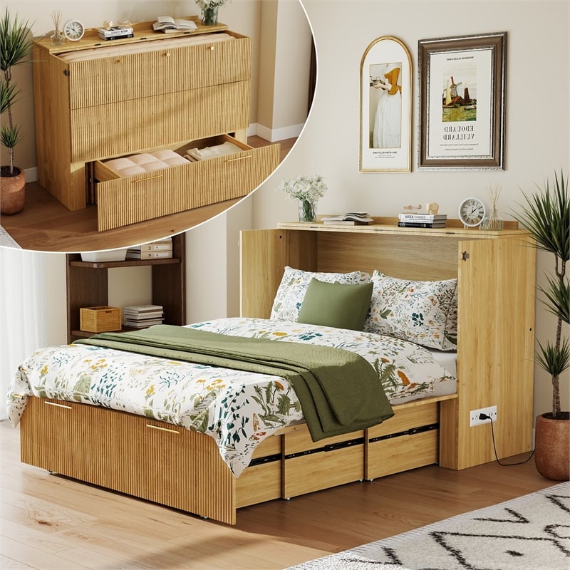 Full Size Murphy Cabinet Bed with Charging Station Light Wood Finish