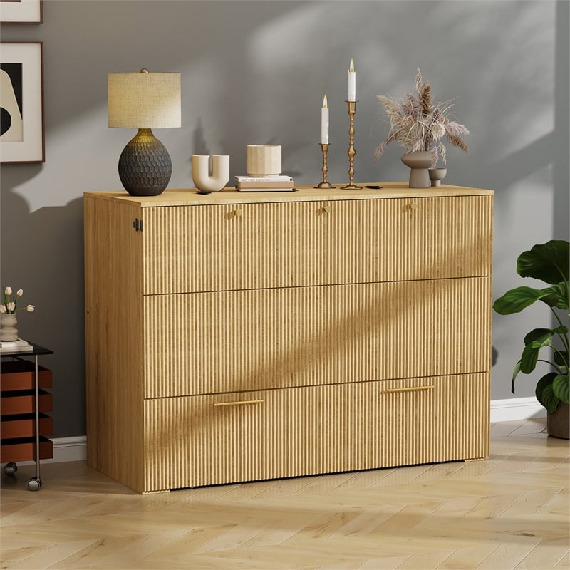 Full Size Murphy Cabinet Bed with Charging Station Light Wood Finish