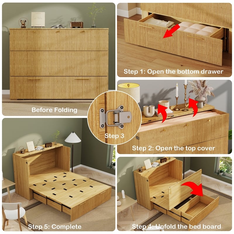 Full Size Murphy Cabinet Bed with Charging Station Light Wood Finish