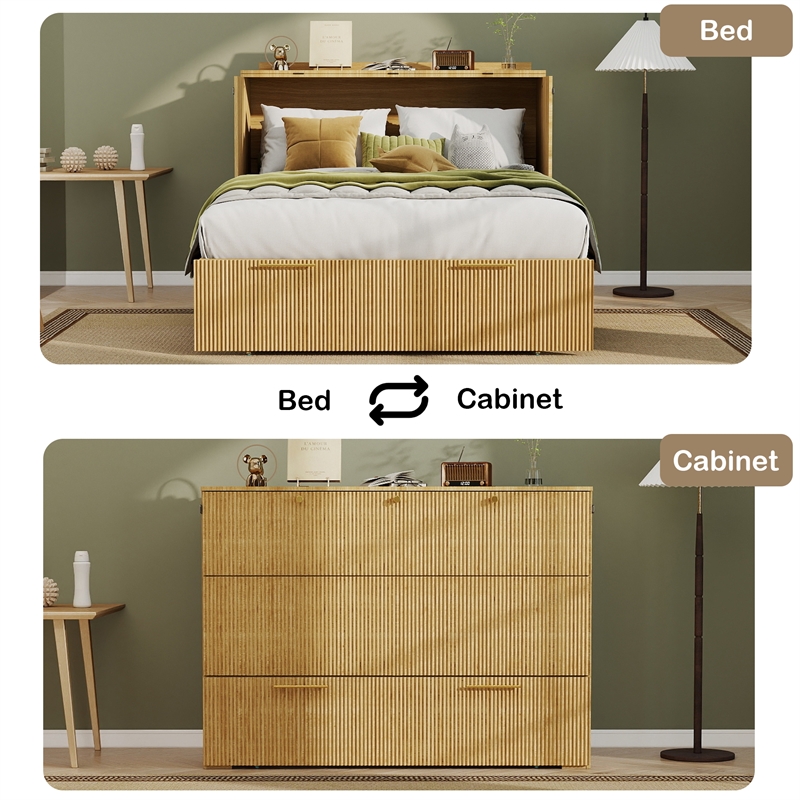 Full Size Murphy Cabinet Bed with Charging Station Light Wood Finish