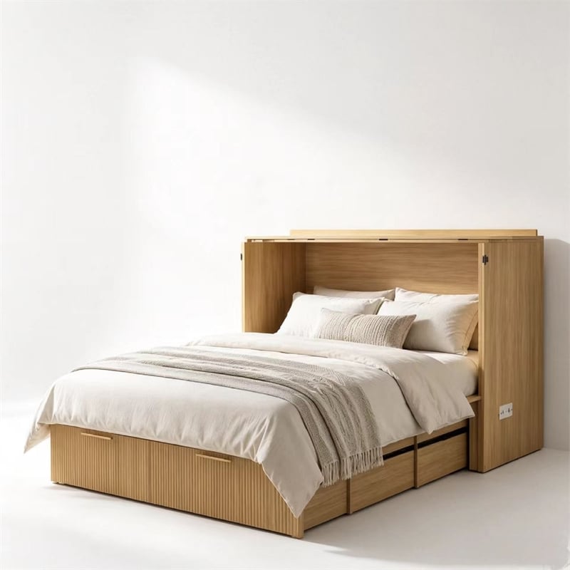 Full Size Murphy Cabinet Bed with Charging Station Light Wood Finish