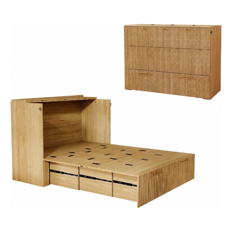 Full Size Murphy Cabinet Bed with Charging Station Light Wood Finish